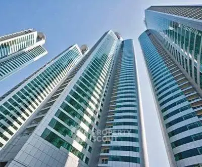 Stunning high-rise buildings with modern architecture and glass facades under a clear blue sky.