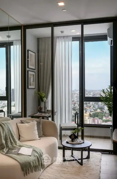 Modern living room with panoramic city view and elegant decor