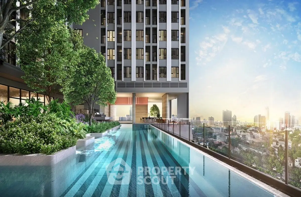 Luxurious rooftop pool with stunning city view and lush greenery