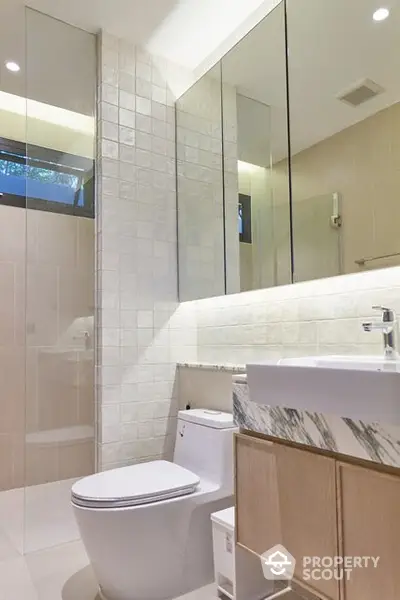 Modern bathroom with sleek design and large mirrors