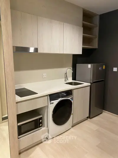 Modern kitchen with sleek cabinetry, built-in appliances, and compact design ideal for urban living.