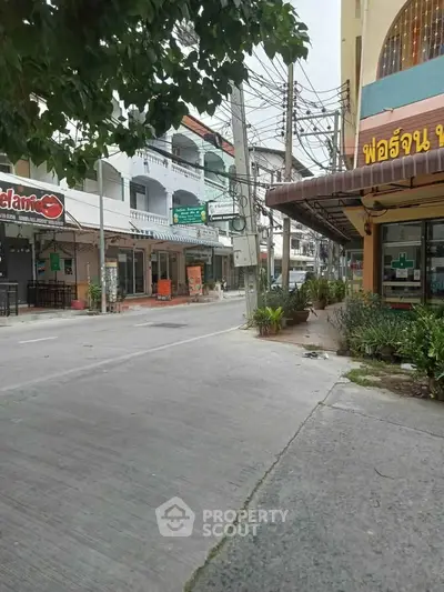 Charming street view with local shops and greenery, ideal for commercial real estate opportunities.