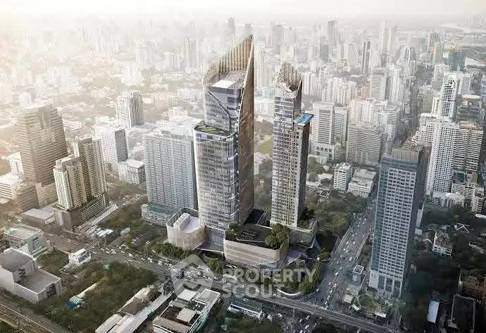 Stunning aerial view of modern skyscrapers in bustling cityscape, showcasing architectural elegance and urban vibrancy.