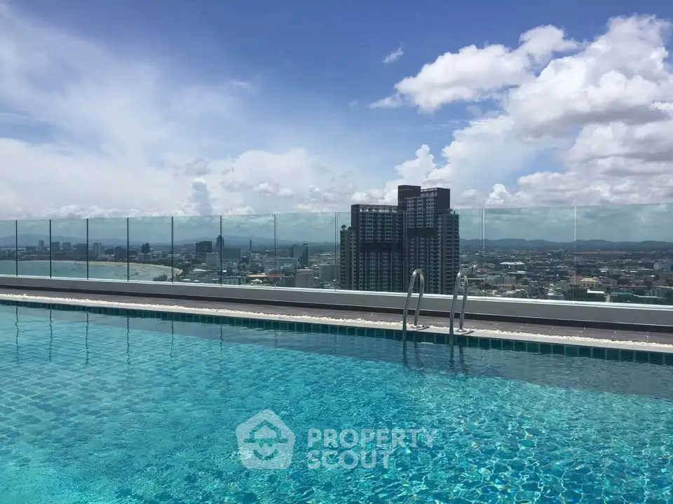 Stunning rooftop pool with panoramic city views under a clear blue sky.