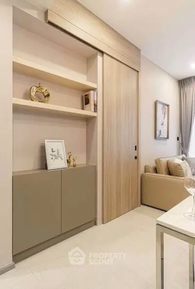 Modern living room with elegant shelving and cozy seating area