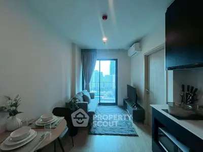 Modern living room with balcony view in urban apartment