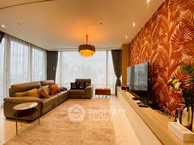 Luxurious living room with panoramic city view, elegant decor, and modern furnishings.