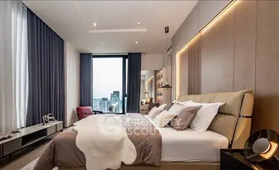 Luxurious modern bedroom with city view, elegant decor, and ambient lighting.