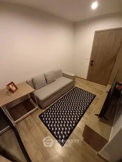 Cozy living room with modern sofa and stylish rug in compact apartment