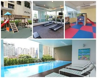 Luxurious apartment amenities including gym, pool, playground, and city view.