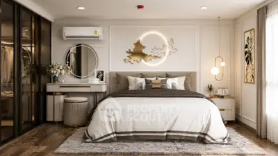 Luxurious modern bedroom with elegant decor and ambient lighting, featuring a plush bed and stylish furnishings.