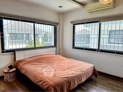Cozy bedroom with large windows and natural light in modern home