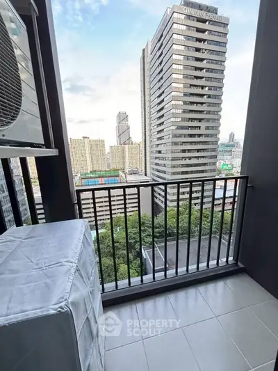 Modern balcony with city view in high-rise building