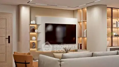 Modern living room with sleek TV setup and stylish shelving