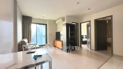 Modern apartment interior with open living space and city view