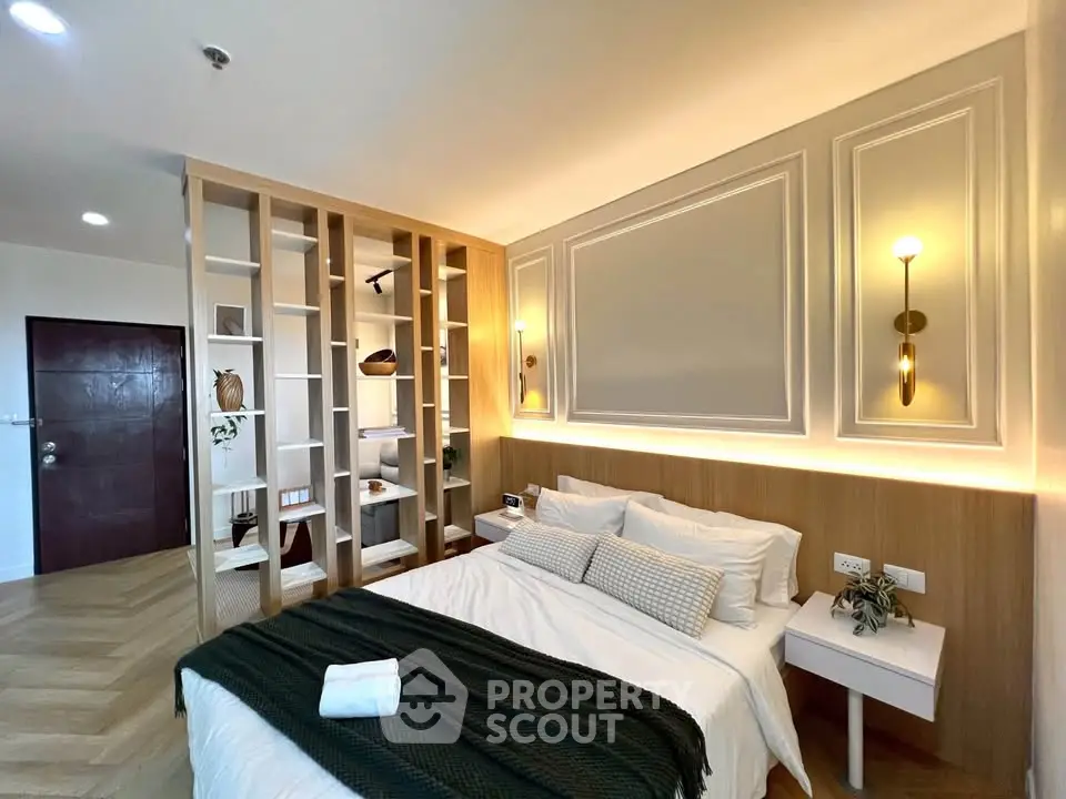 Luxurious modern bedroom with elegant lighting and stylish decor