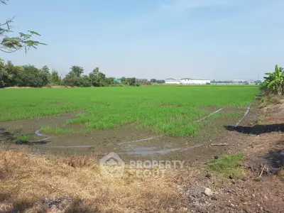 Expansive green field with distant industrial building, perfect for agricultural or development opportunities.