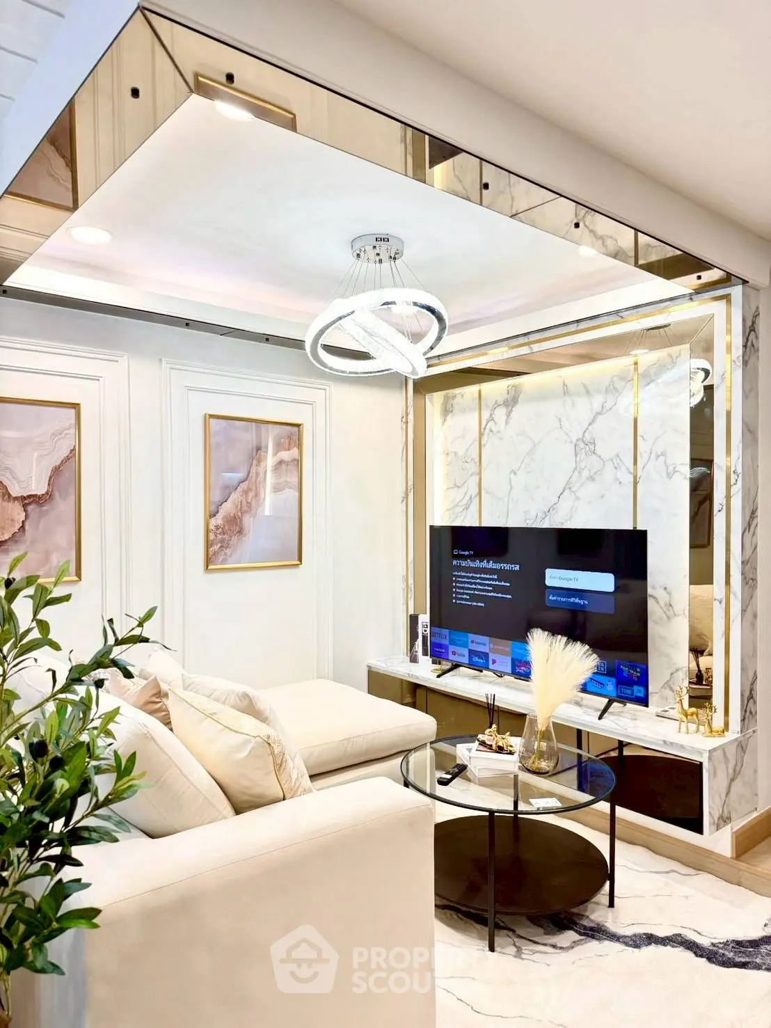 Luxurious living room with elegant decor, marble accents, and modern lighting, perfect for stylish urban living.