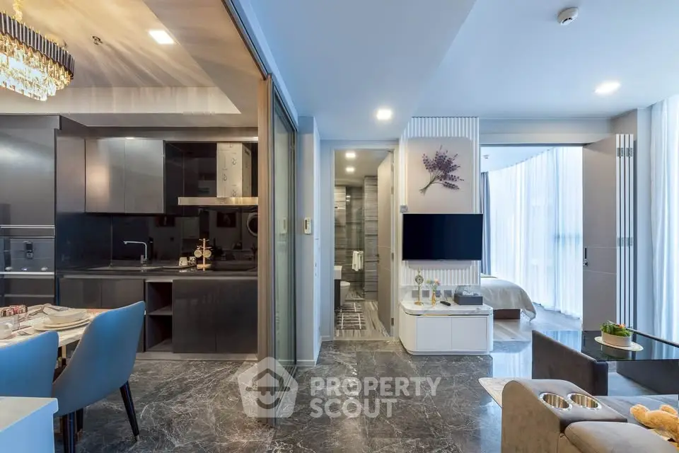 Luxurious modern apartment interior with open kitchen and stylish living area