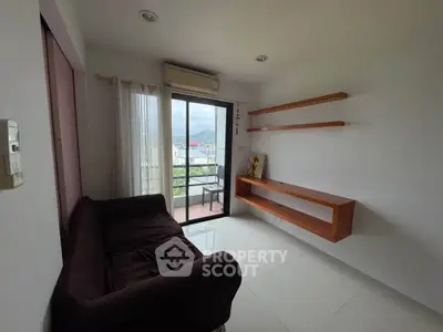 Modern living room with balcony view and sleek wooden shelves