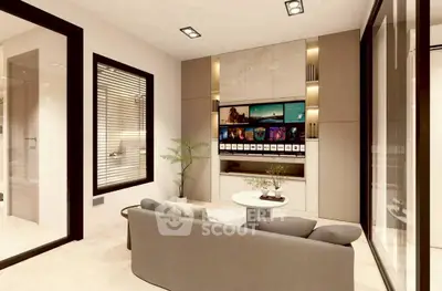 Modern living room with sleek design and built-in entertainment center