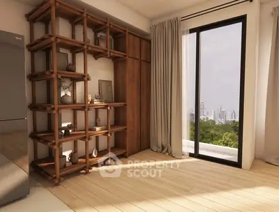 Spacious living room with wooden shelves and large window offering city skyline view.