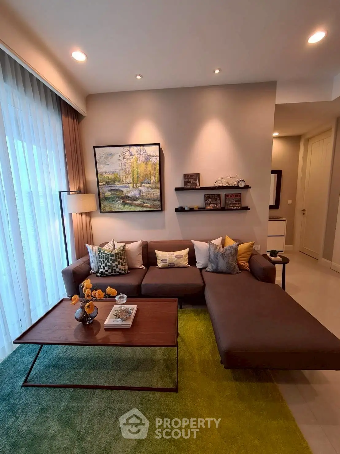 Stylish modern living room with sectional sofa and vibrant decor