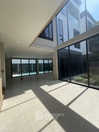Spacious modern living room with large windows and garden view
