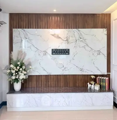 Elegant living room with marble accent wall and decorative elements, perfect for modern interiors.