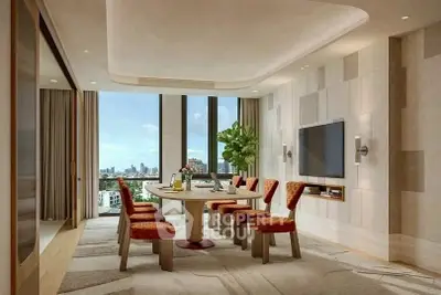 Luxurious dining room with city view, modern decor, and elegant furniture.