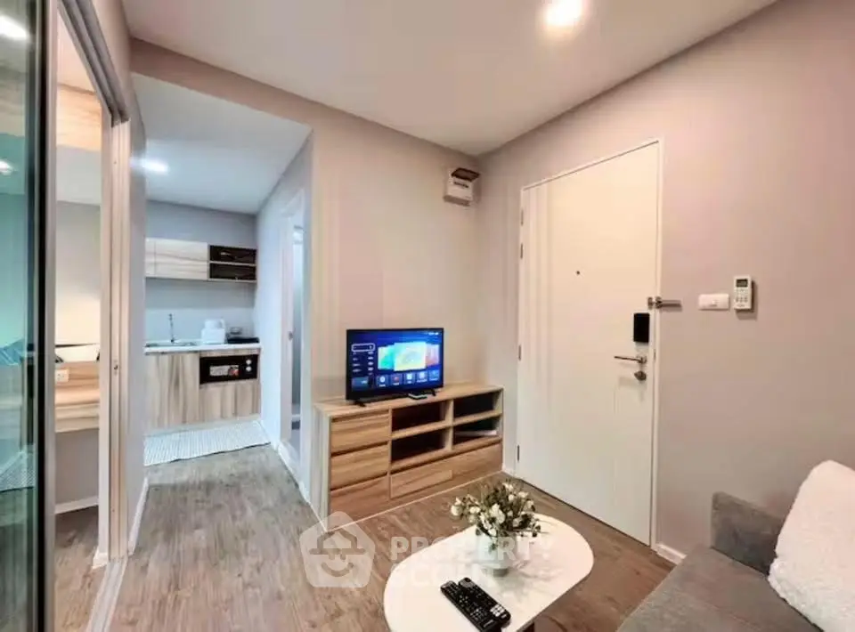 Modern living room with open kitchen in stylish apartment
