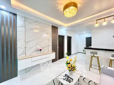 Luxurious modern living room with elegant lighting and stylish decor