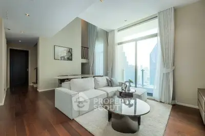 Luxurious living room with floor-to-ceiling windows and stunning city view in modern apartment