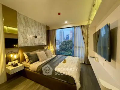 Luxurious bedroom with city view, modern decor, and ambient lighting in high-rise apartment.