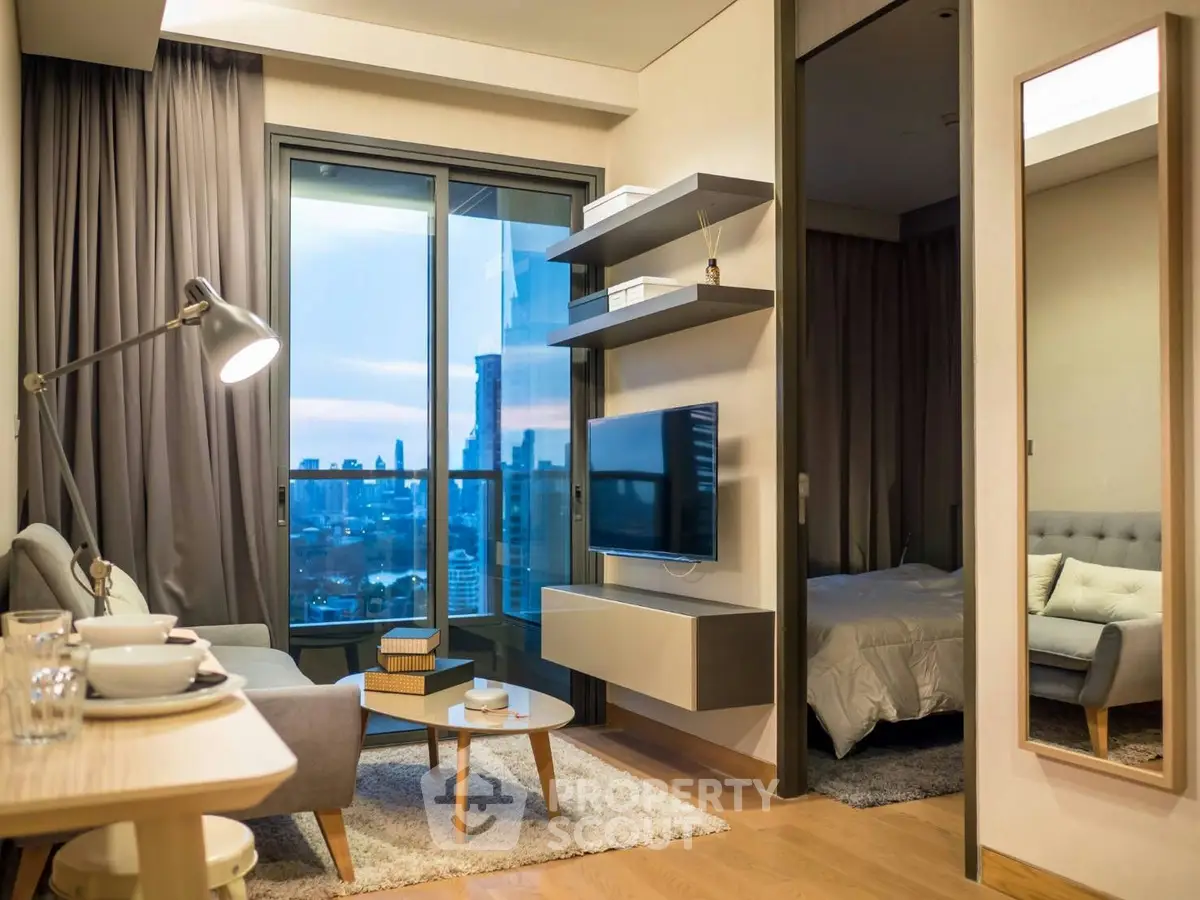 Modern apartment interior with cozy living room and bedroom, featuring city view from balcony.
