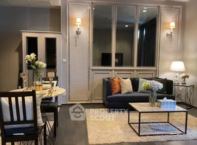 Chic living room with modern decor, cozy seating, and elegant dining area, perfect for stylish urban living.