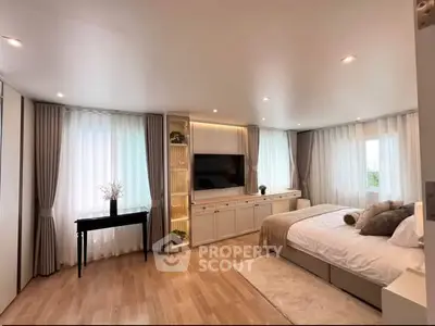 Spacious modern bedroom with elegant decor and natural light