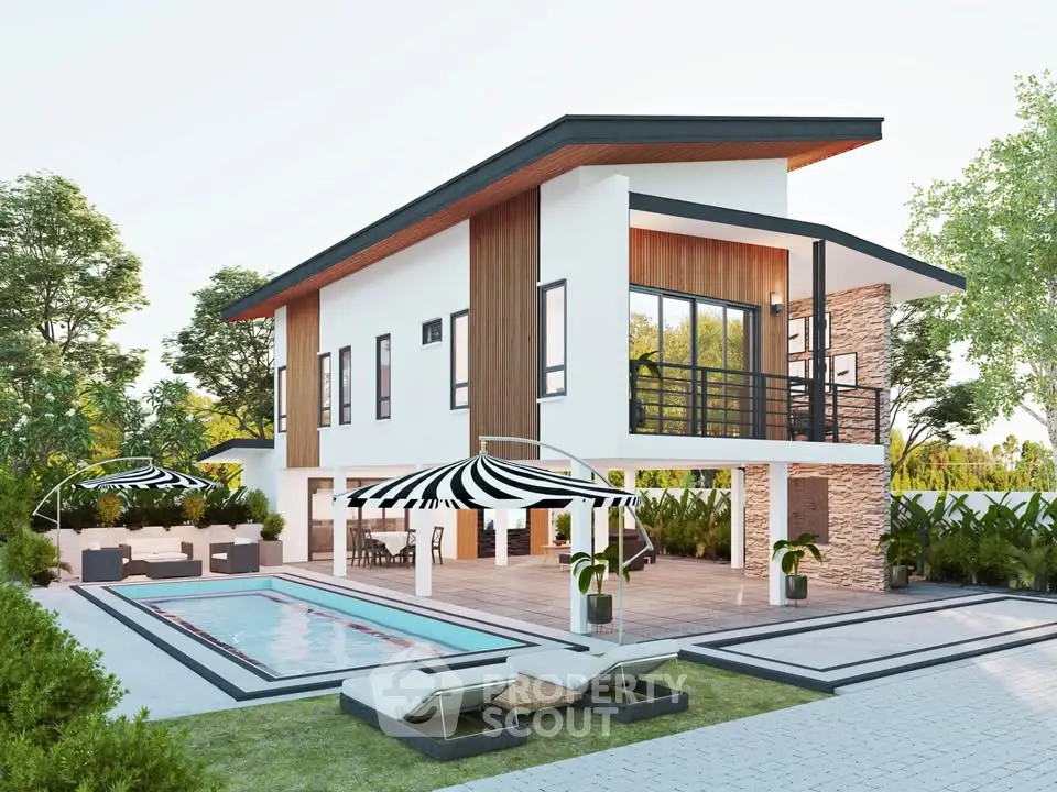 Modern luxury home with pool and stylish outdoor seating area, surrounded by lush greenery.