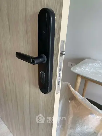 Modern interior door with sleek black handle and electronic lock system