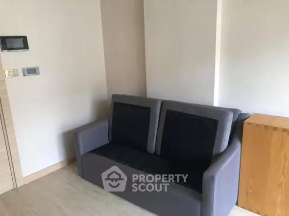 Cozy living room with modern gray sofa and minimalist decor