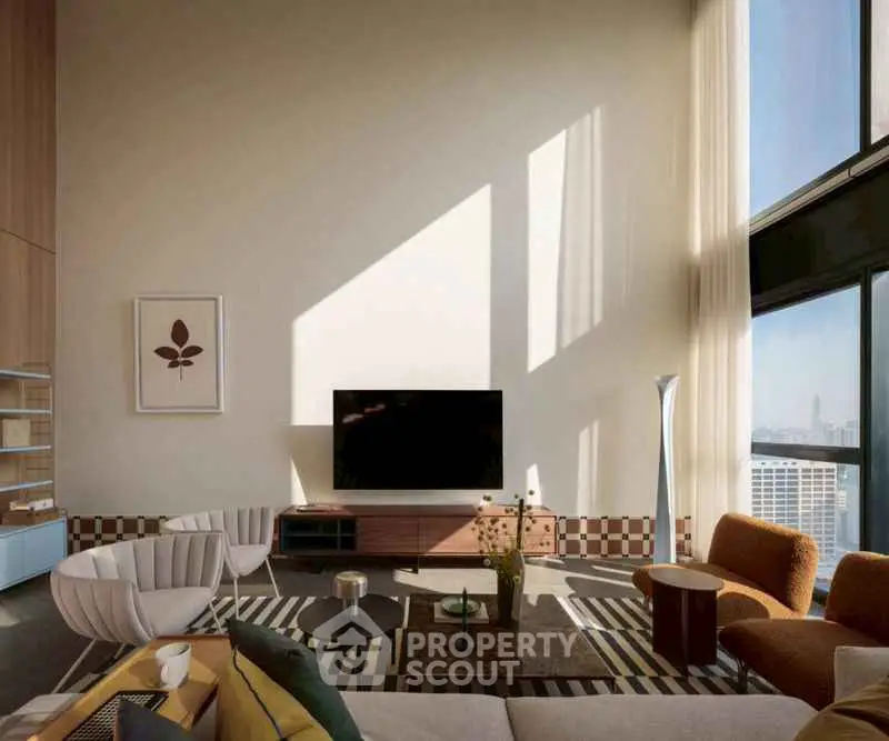 Luxurious modern living room with high ceilings and large windows offering stunning city views.