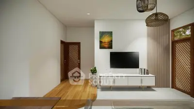 Modern living room with stylish decor and wooden accents