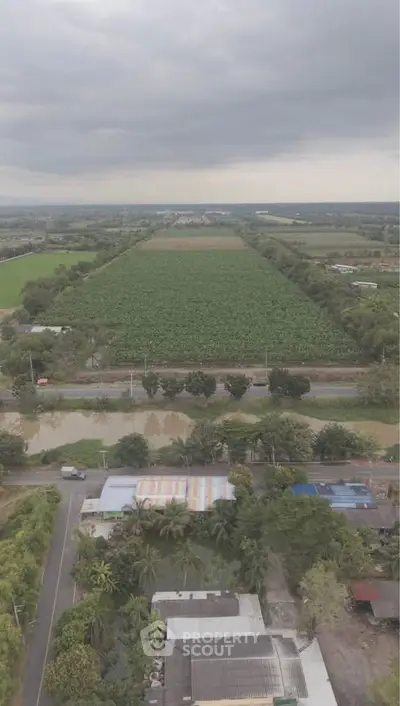 Aerial view of lush farmland with surrounding greenery and distant horizon.