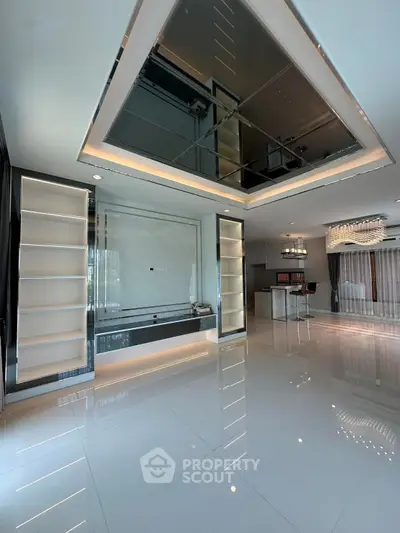 Luxurious modern living room with sleek design and elegant lighting