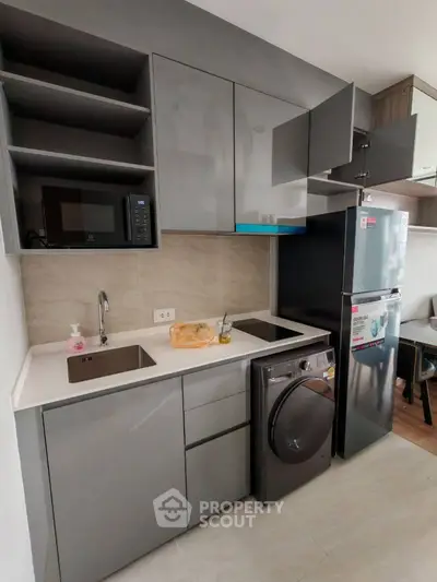Modern kitchen with sleek cabinets, appliances, and compact layout