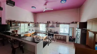 Spacious kitchen with modern appliances and pink ceiling, featuring a large island and ample natural light.