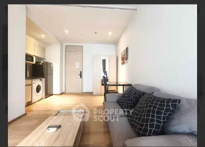 Modern living room with cozy sofa, stylish decor, and open kitchen layout featuring a washing machine.