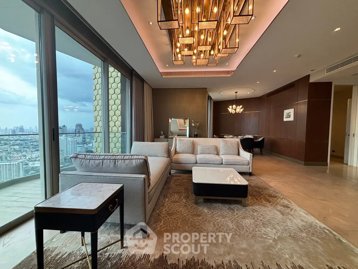Luxurious living room with stunning city view and modern chandelier