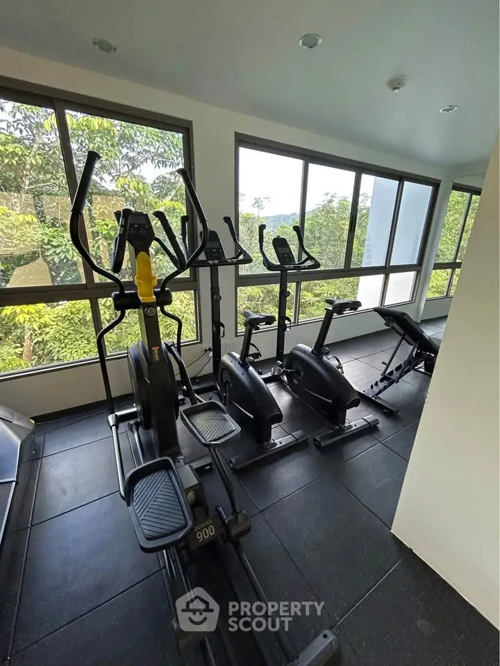 Modern gym with exercise equipment and large windows offering lush green views.
