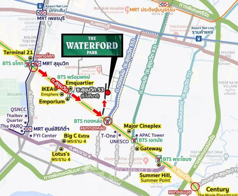 Map showing location of The Waterford Park near BTS and MRT stations in Bangkok.